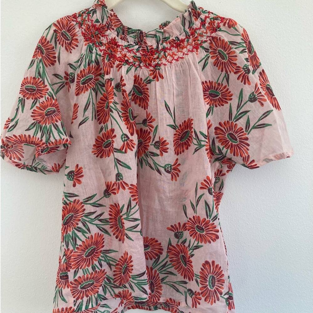 Banjanan Little Girls Blouse Top ~ Pink Red Poppy Floral Print ~ Sz 6 Y